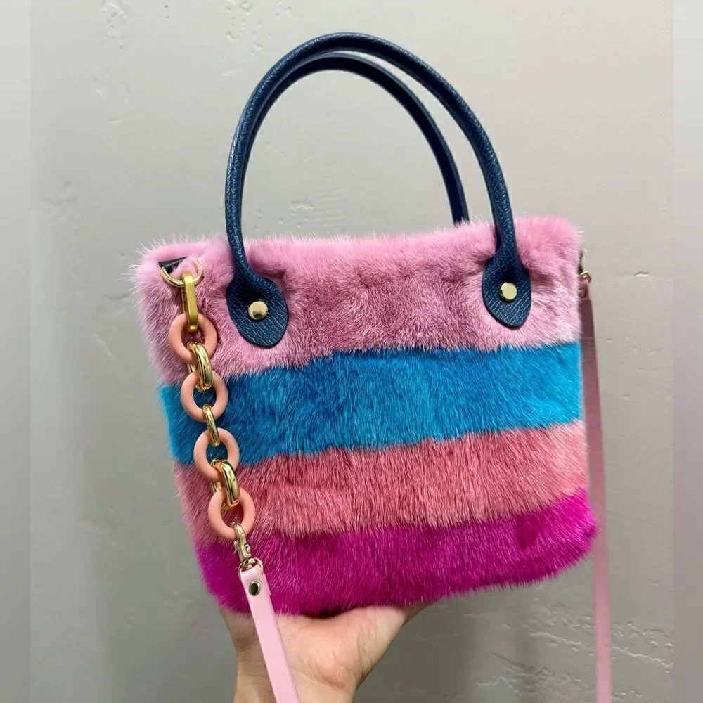 Colorful Striped Handmade Real Mink Fur Mini Tote/Crossbody & Pony Bag Charm